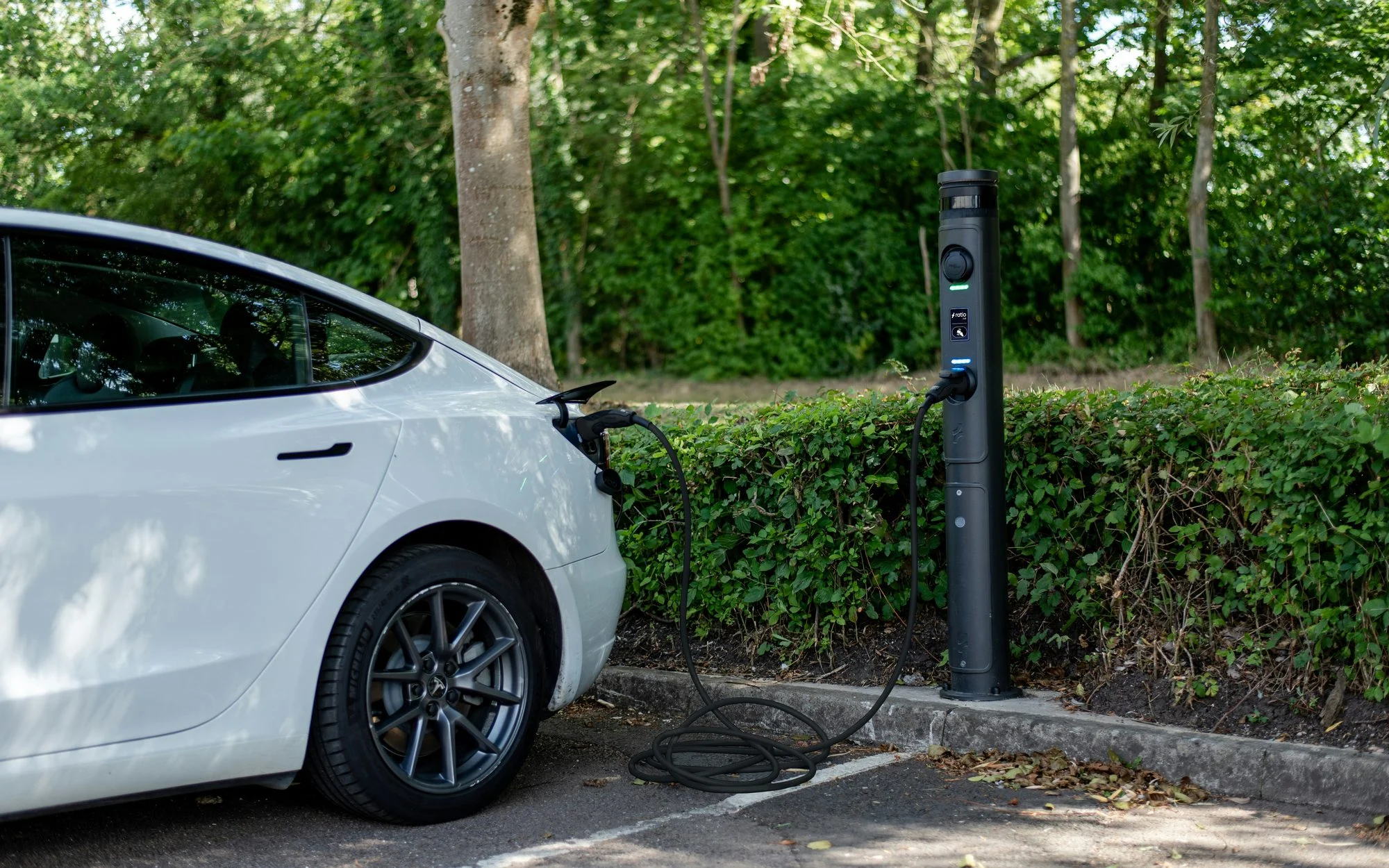 White Tesla Model 3 plugged into a charging post beside a hedge in a tree-lined car park