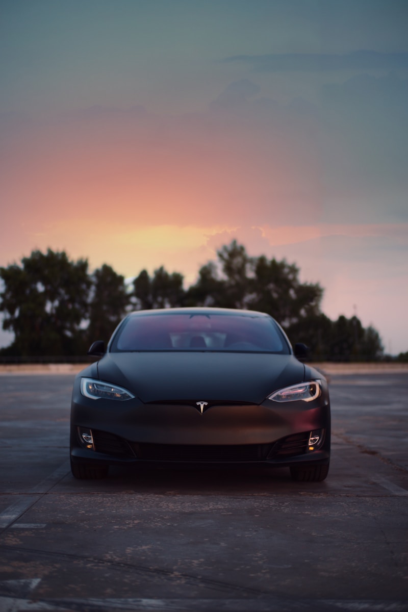 black tesla on road during sunset